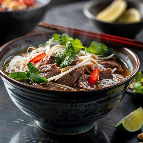 Steaming bowl of Pho Tai with beef, noodles, bean sprouts, mint, and chili, with lime.